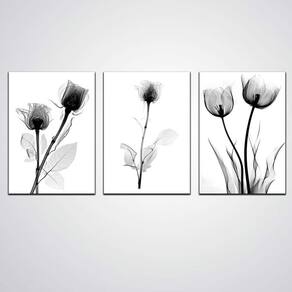 Quadro Decorativo 3 Peças Flores Tons Cinza Tamanho 30X20Cm