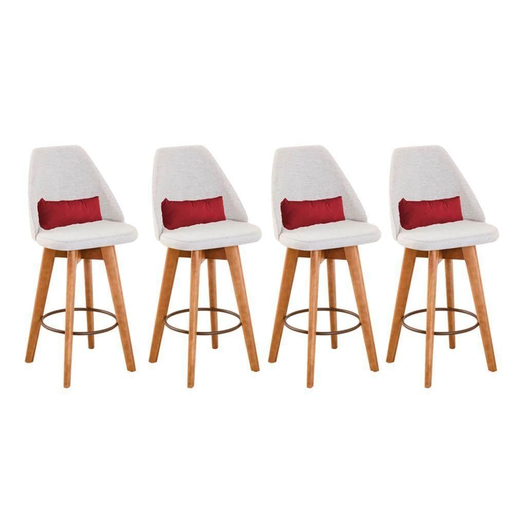 Kit 04 Banquetas Alta Maya Giratória Com Encosto Gourmet Linho Bege e Almofada Suede Vermelho - Aurora Line