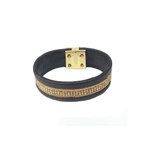 Pulseira Armazem Rr Bijoux Couro Cristais Preta