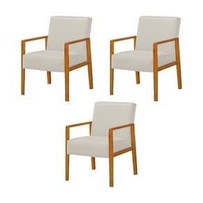 Kit 3 Poltronas Base em Madeira Maciça Decorativa Bora Bora Linho Crú
