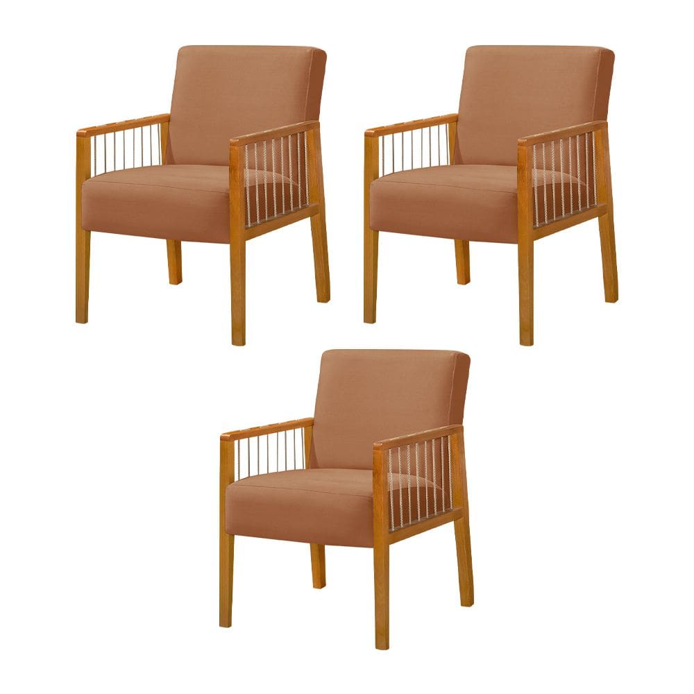 Kit 3 Poltronas Decorativa Base em Madeira Maciça e Corda Náutica Copacabana Veludo Terracota