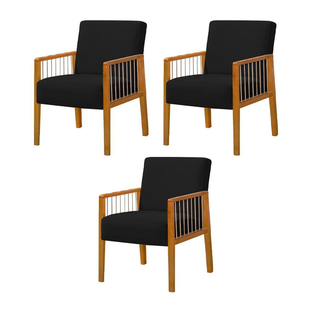 Kit 3 Poltronas Decorativa Base em Madeira Maciça e Corda Náutica Copacabana Veludo Preto