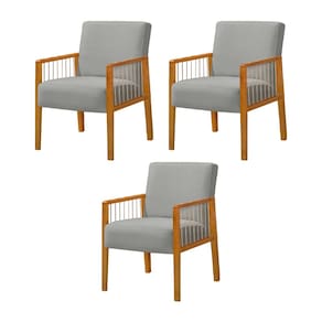 Kit 3 Poltronas Decorativa Base em Madeira Maciça e Corda Náutica Copacabana Veludo Cinza Claro