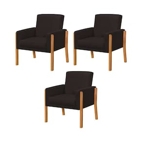 Kit 3 Poltronas Sala de Espera Pés em Madeira Santorini Linho Marrom Escuro