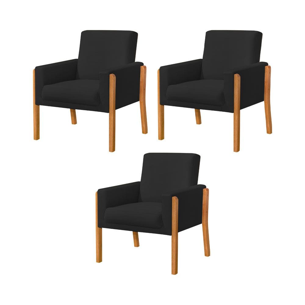 Kit 3 Poltronas Sala de Espera Pés em Madeira Santorini Veludo Preto