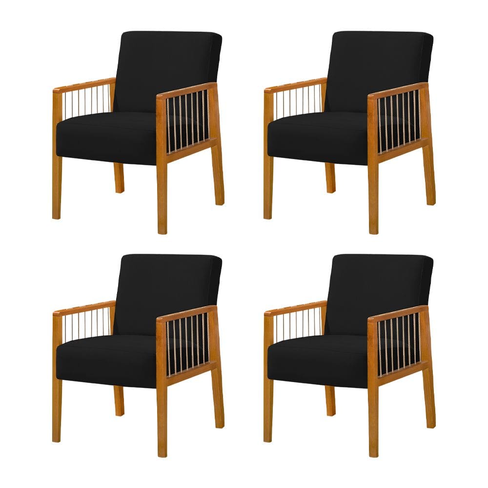 Kit 4 Poltronas Decorativa Base em Madeira Maciça e Corda Náutica Copacabana Veludo Preto