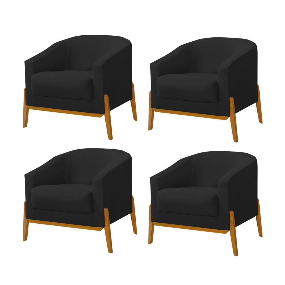 Kit 4 Poltronas Living Base em Madeira Maciça Flórida Veludo Preto