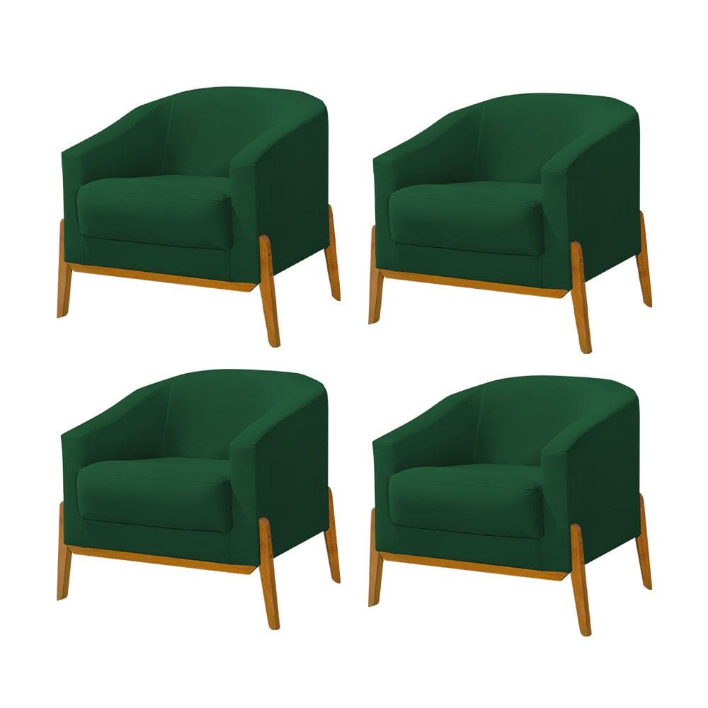 Kit 4 Poltronas Living Base em Madeira Maciça Flórida Veludo Verde