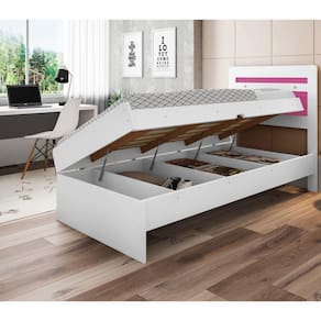 Cama Baú Solteiro Larissa Branco e Rosa com Colchão