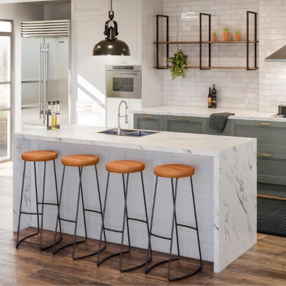 Kit Cozinha Industrial Prateleira e 4 Banquetas Selena Madeira