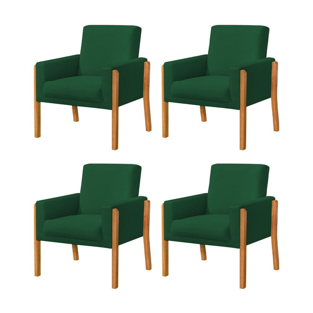 Kit 4 Poltronas Sala de Espera Pés em Madeira Santorini  Veludo Verde