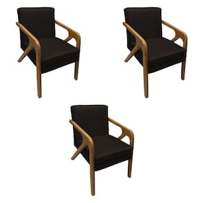 Kit 3 Poltronas Decorativas Pés em Madeira Maciça Monaco Linho Marrom Escuro