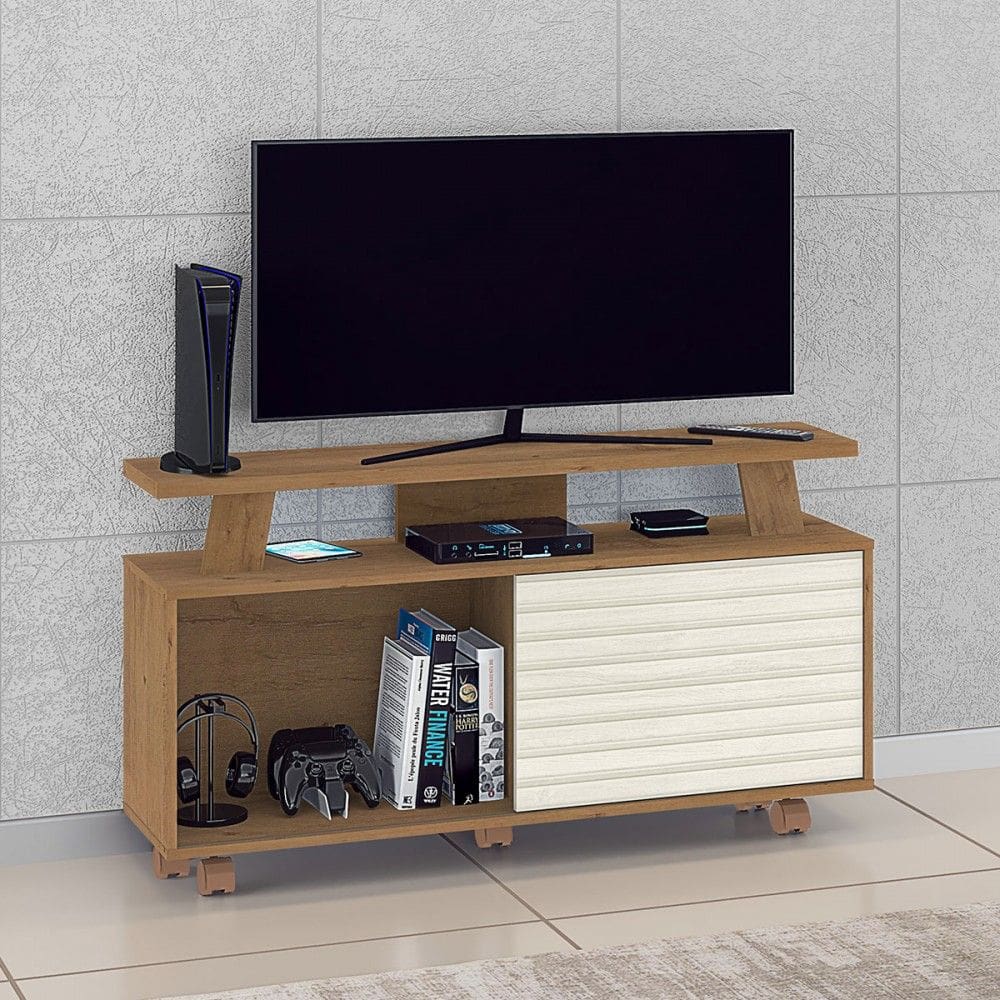 Rack para TV Até 55 Polegadas Rivera 1 Porta Flex Canelato Rustico/Natural Off White - Atualle Móveis