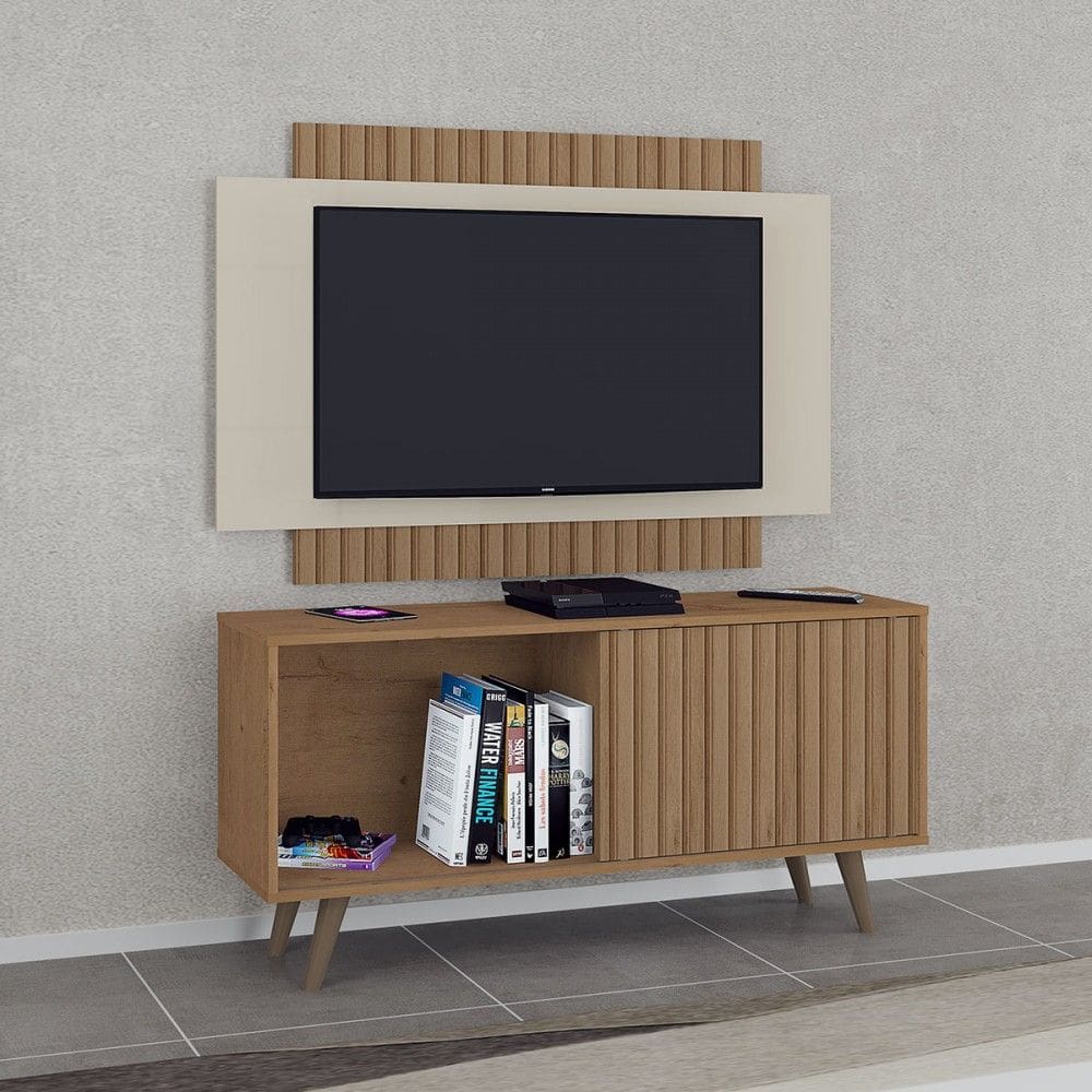 Rack com Painel Málaga para TV Até 50 Polegadas Ripado 1 Porta Flex Canelato/Natural/Off White - Atualle Móveis