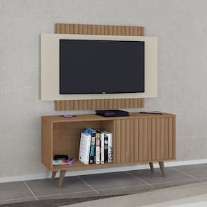 Rack com Painel Málaga para TV Até 50 Polegadas Ripado 1 Porta Flex Canelato/Natural/Off White - Atualle Móveis
