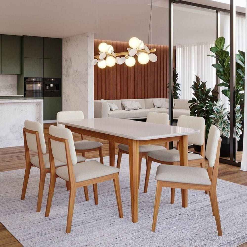 Conjunto Sala de Jantar 1 Mesa Tangará 160cm 6 Cadeiras Estofadas Miriti Cabecasa Madeiramadeira Off White/Creme