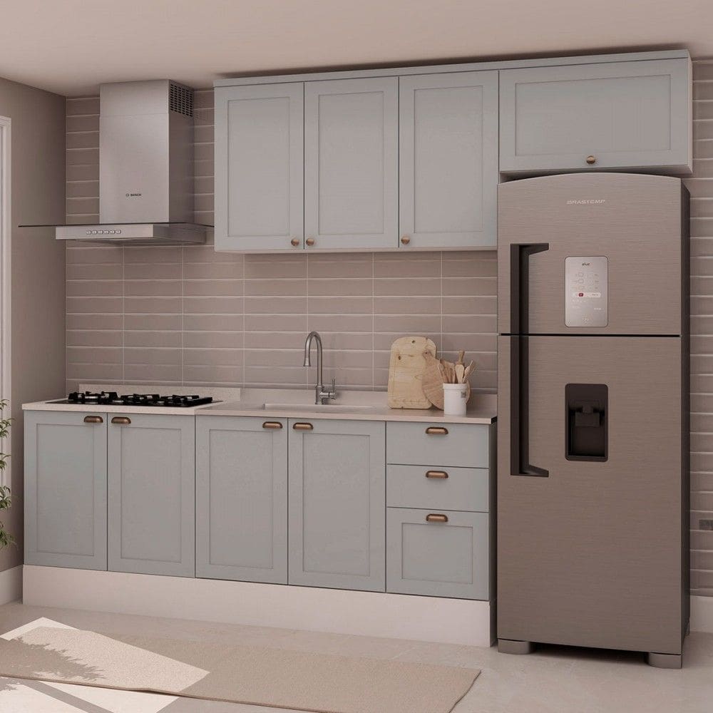 Cozinha Completa Iluminata 8 Portas 3 Gavetas 100% Mdf Branco/Marrom Claro - Genialflex