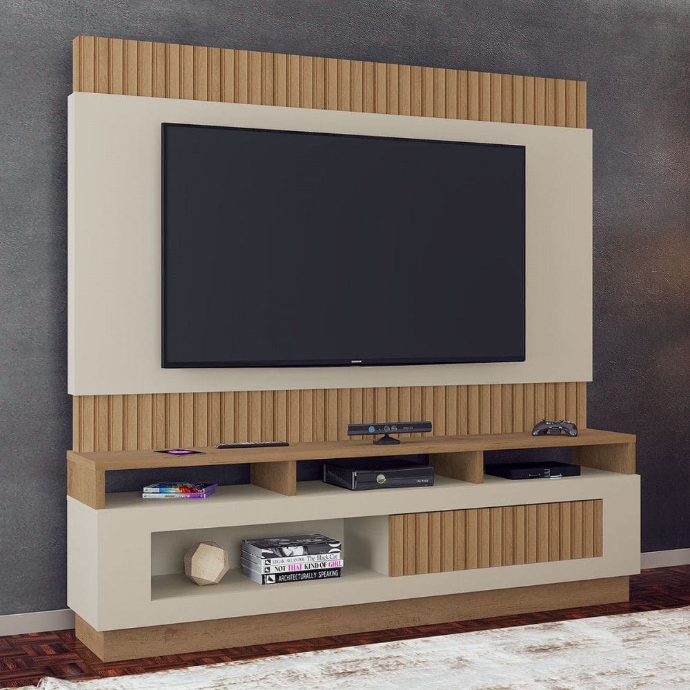 Estante para TV Até 65 Polegadas Toronto 1 Porta Ripado 3d com Espelho Canelato/Natural/Off White - Atualle Móveis