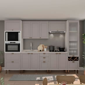 Cozinha Completa Iluminata Ayla 10 Portas 3 Gavetas 100% Mdf com Vidro Branco/Marrom Claro/Mineral - Genialflex