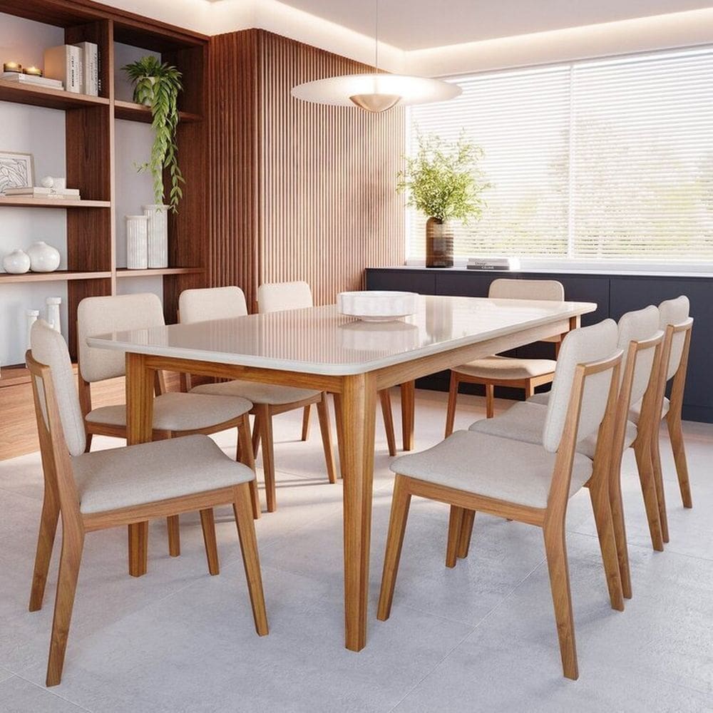 Conjunto Sala de Jantar 1 Mesa Tangará 210cm 8 Cadeiras Estofadas Miriti Cabecasa Madeiramadeira Off White/Creme