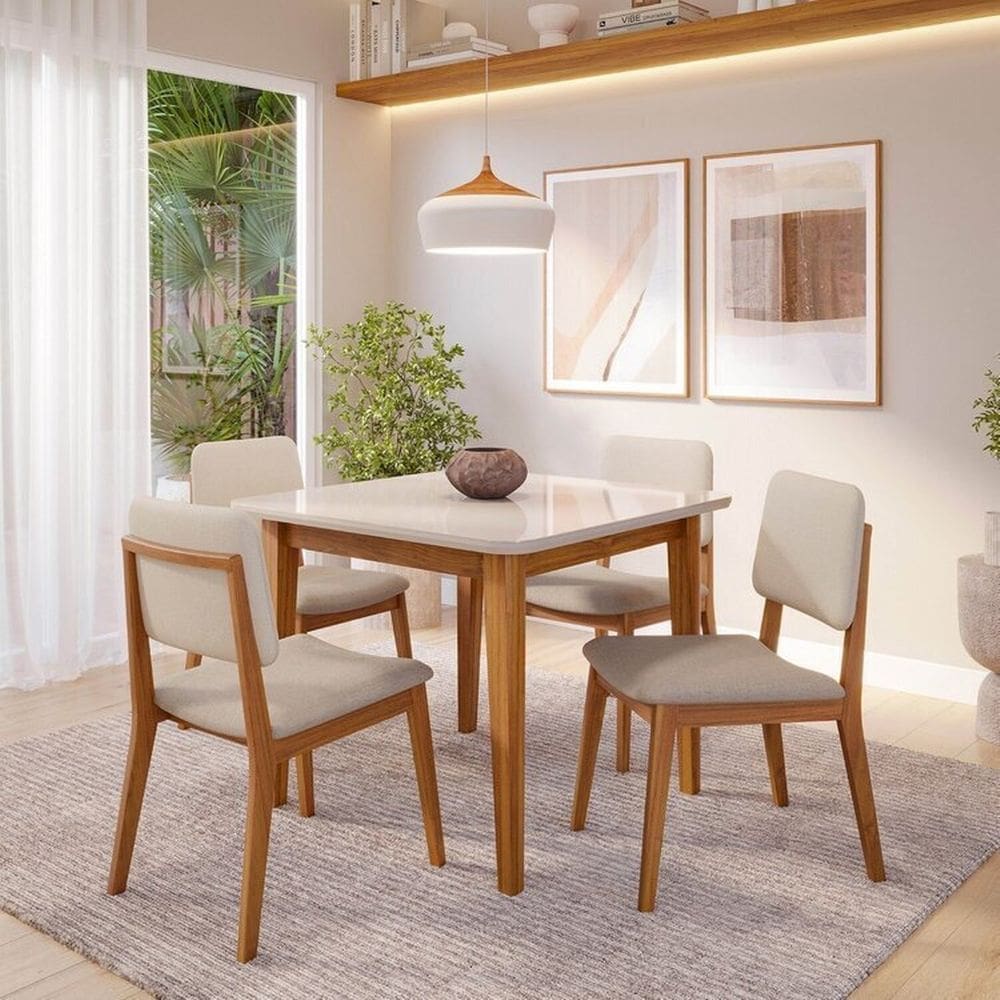 Conjunto Sala de Jantar 1 Mesa Tangará 95cm 4 Cadeiras Estofadas Miriti Cabecasa Madeiramadeira Off White/Creme