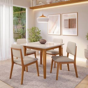 Conjunto Sala de Jantar 1 Mesa Tangará 95cm 4 Cadeiras Estofadas Miriti Cabecasa Madeiramadeira Off White/Creme