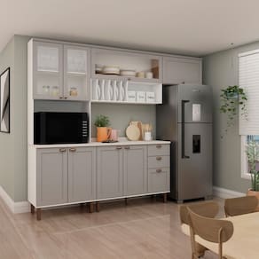 Cozinha Completa Iluminata 8 Portas 3 Gavetas 100% Mdf com Vidro Branco/Marrom Claro/Mineral - Genialflex