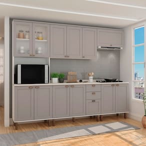 Cozinha Completa Iluminata Ester 12 Portas 3 Gavetas 100% Mdf com Vidro Branco/Marrom Claro/Mineral - Genialflex