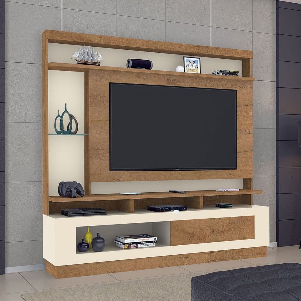 Estante para TV Até 65 Polegadas Verona 1 Porta Flex Canelato/Natural/Off White - Atualle Móveis