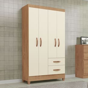 Guarda-Roupa Solteiro Brasília 4 Portas 2 Gavetas Canelato Rustico/Natural/Off White - Atualle Móveis