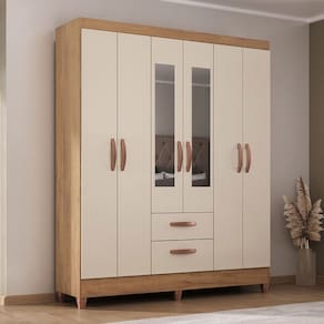Guarda-Roupa Solteiro Fortaleza 6 Portas 2 Gavetas com Espelho Canelato Rustico/Natural/Off White - Atualle Móveis