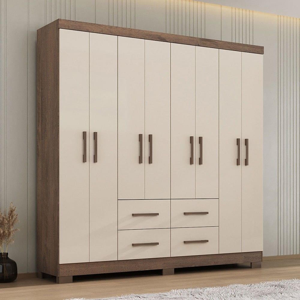 Guarda-Roupa Casal Itapema 8 Portas 4 Gavetas Mocaccino Rustico/Natural/Off White - Atualle Móveis