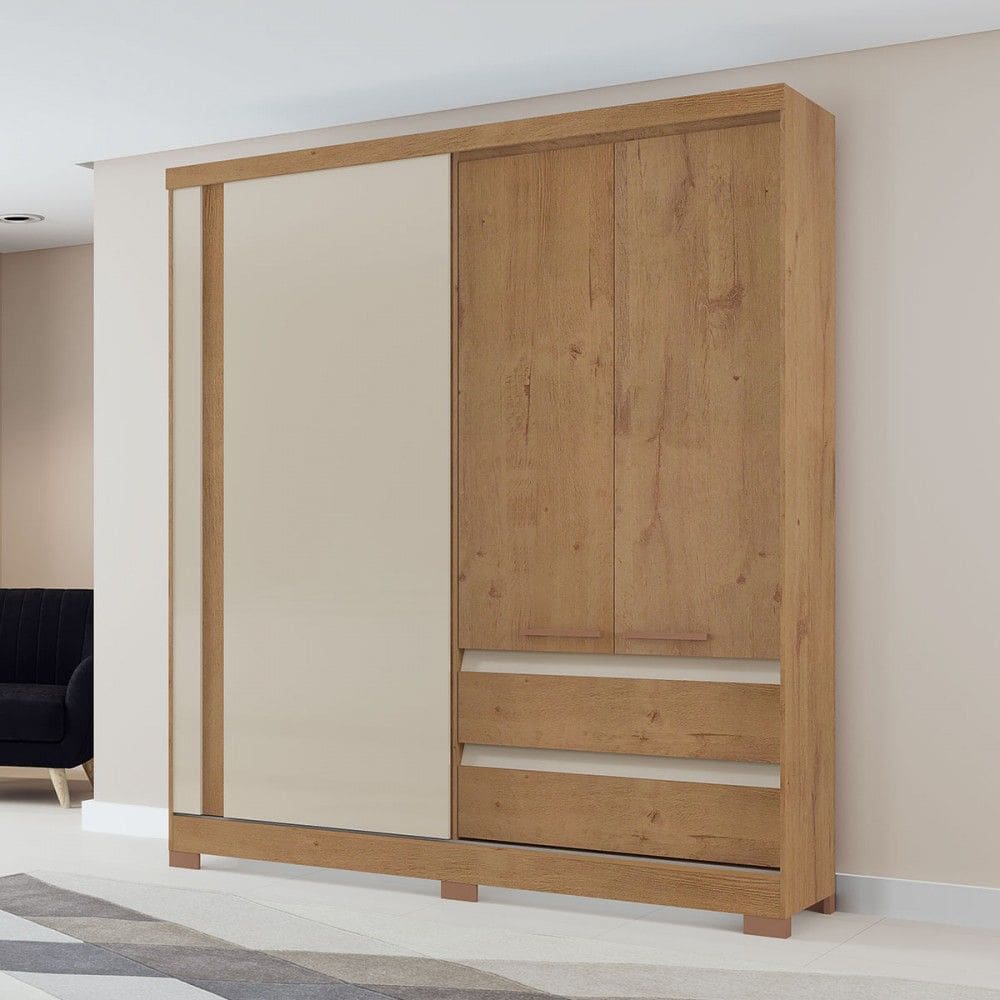 Guarda-Roupa Solteiro Condor 3 Portas 2 Gavetas Ripado 3d Flex Canelato/Natural/Off White - Atualle Móveis