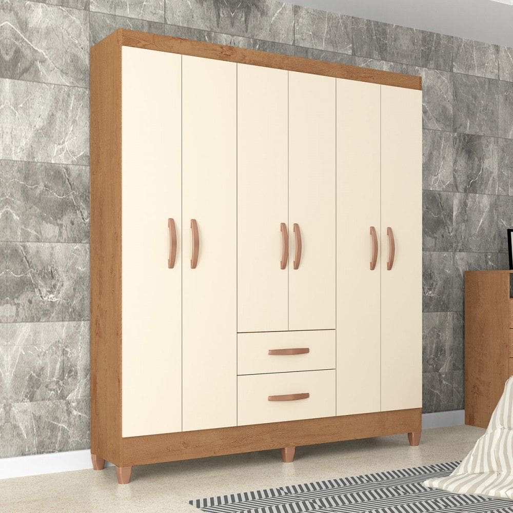 Guarda-Roupa Solteiro Brasília 6 Portas 2 Gavetas Canelato Rustico/Natural/Off White - Atualle Móveis