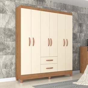 Guarda-Roupa Solteiro Brasília 6 Portas 2 Gavetas Canelato Rustico/Natural/Off White - Atualle Móveis