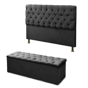 Kit Cabeceira e Calçadeira Baú Sofia Casal  140cm Veludo Preto - Montanaris Decor