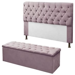 Kit Cabeceira e Calçadeira Baú Sofia Casal 140cm Veludo Rosê - Montanaris Decor
