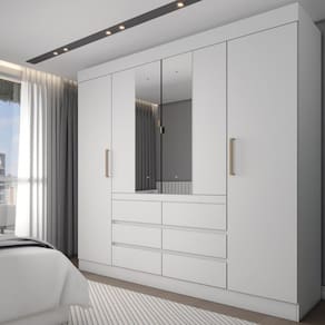 Guarda-Roupa Casal Marrom 4 Portas 6 Gavetas com Espelho Branco - Loja
