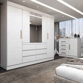 Guarda-Roupa Casal Marrom 5 Portas 10 Gavetas com Espelho Branco - Loja