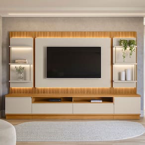 Rack com Painel para TV Até 70 Polegadas 2 Portas 2 Gavetas Ripado com Led Off White Fosco