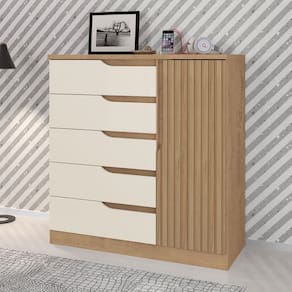 Cômoda Paris New 1 Porta 5 Gavetas Ripado 3d Natural/Off White - Atualle Móveis