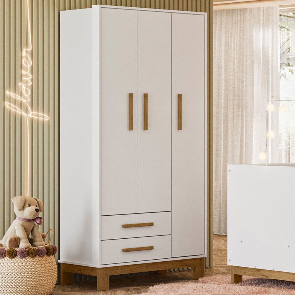 Guarda-Roupa Infantil Encanto 3 Portas 2 Gavetas Branco Acetinado