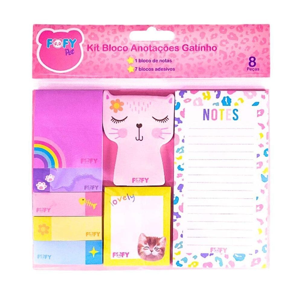 Kit Papelaria Presenteavel Bloco Anotacoes Gatinho - Fofy