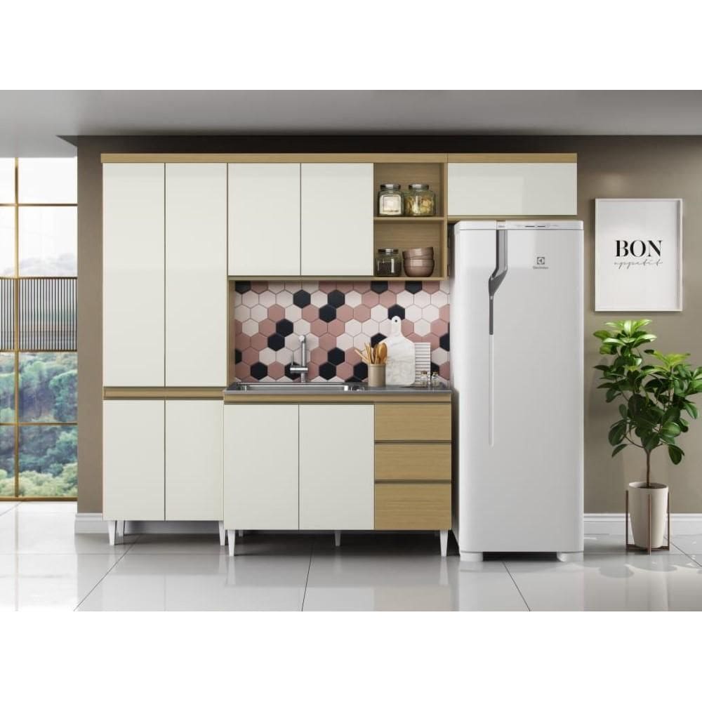 Kit Armário e Balcão Sem Tampo para Pia Cozinha Sophia Balcão Atacama Off White - Aramóveis