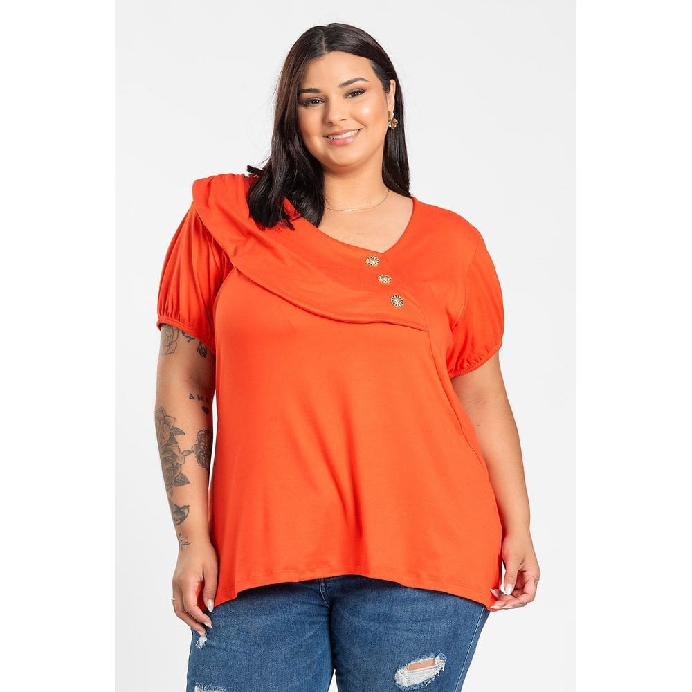 Blusa Feminina Plus Size Malha Suede Detalhe Decote c/ Botões - Serena