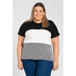 Blusa Feminina Plus Size Malha Visose Detalhe Em Brilho E Malha Listrada