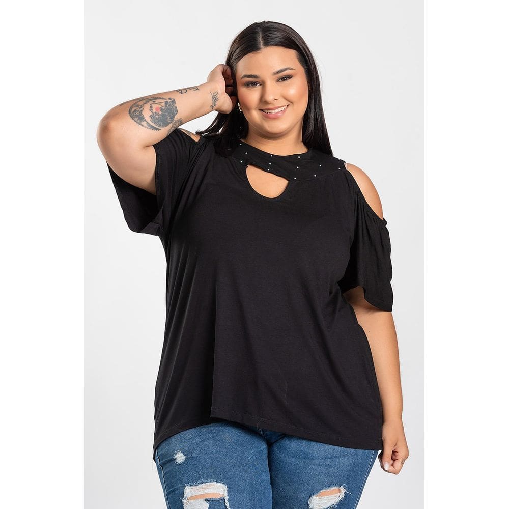 Blusa Feminina Plus Size Malha Viscose Detalhe Strass Decote - Serena