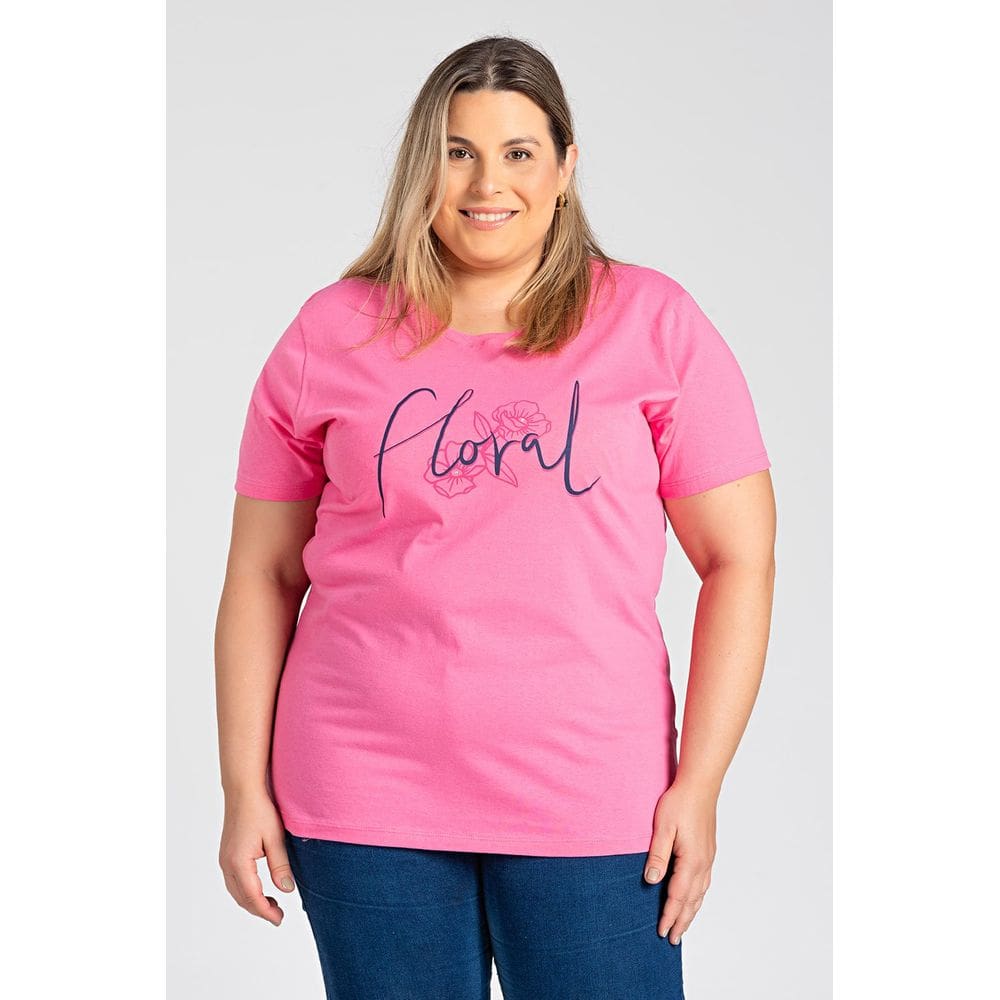 T-shirt Feminina Plus Size Malha algodão Estampada ”Floral” - Serena