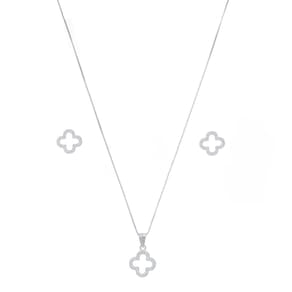 Conjunto Corrente Pingente Brinco Prata 925 Trevo Cravejado