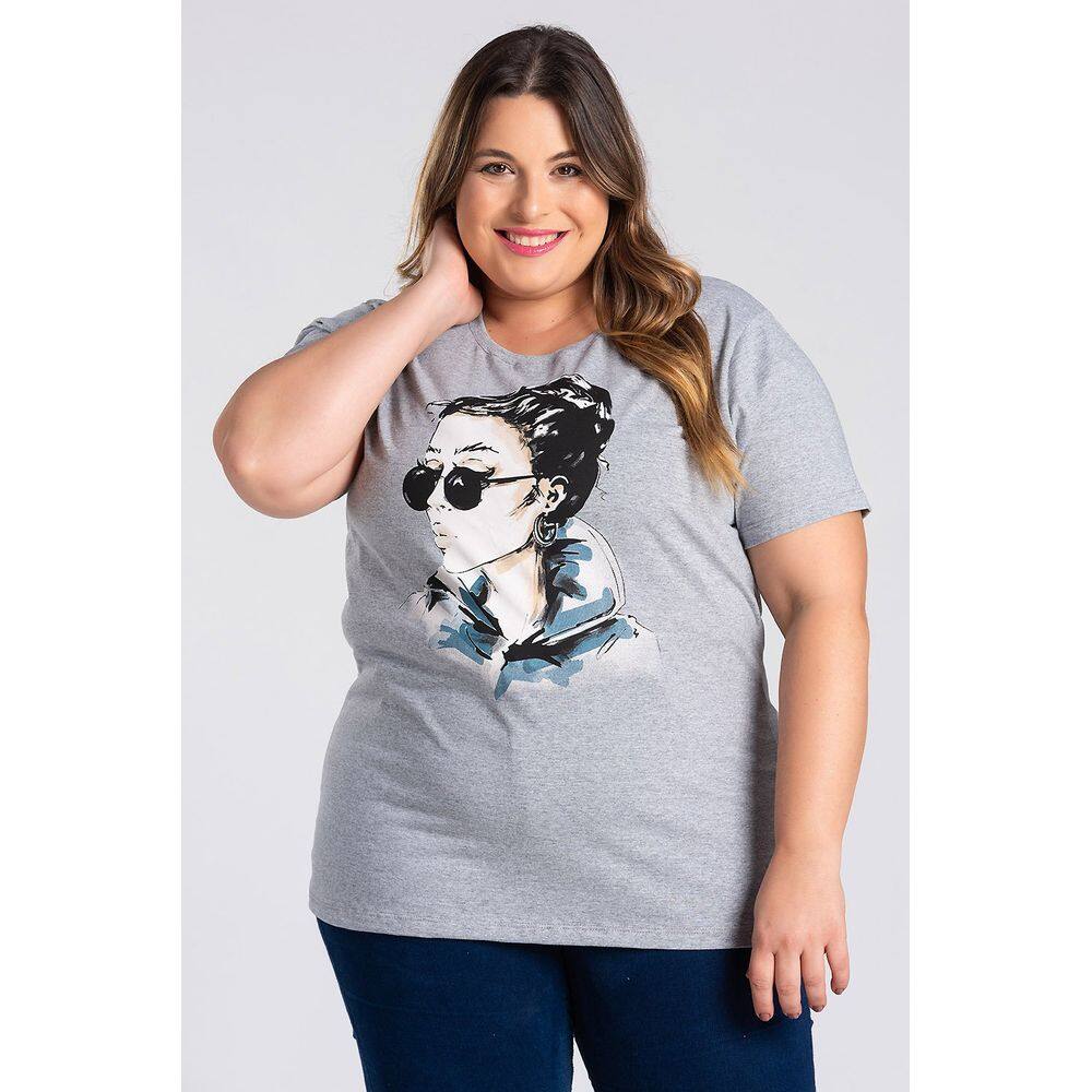 T-shirt Feminina Plus Size Malha Algodão c/ Estampada - Serena